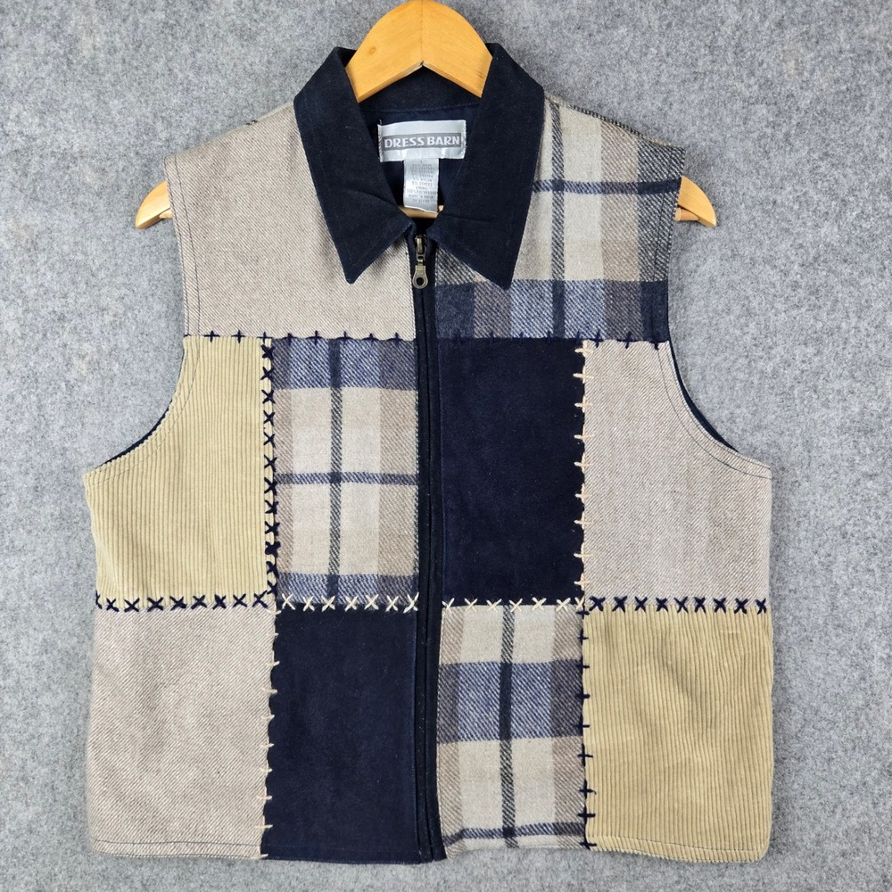 Dress Barn Patchwork Vest Womens Large Multicolor Wool Leather Corduroy Vintage